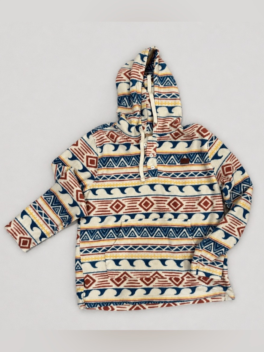 O'Neill Hooded Zip-Up Sweater in Cream with Blue, Brown & Yellow Pattern